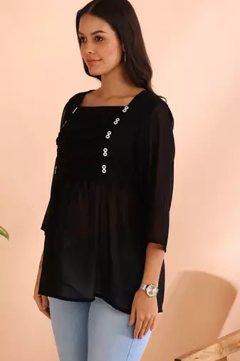 women's georgette square neck with button regular fitted top (black)