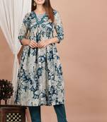 Yash gallery women's floral printed sequines work anarkali kurta with pant set (blue)