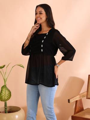 women's georgette square neck with button regular fitted top (black) 4