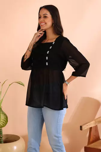 women's georgette square neck with button regular fitted top (black)