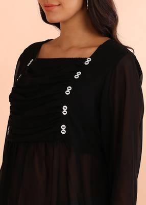 women's georgette square neck with button regular fitted top (black) 5