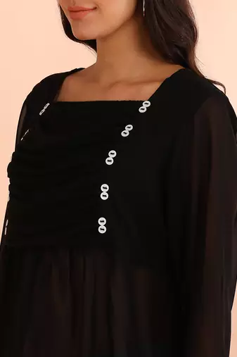women's georgette square neck with button regular fitted top (black)