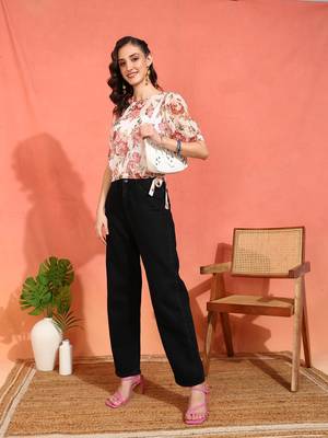  women's chiffon floral print round neck puff sleece top (multi) 2