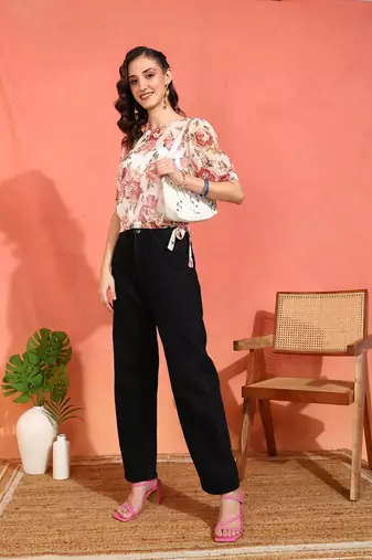  women's chiffon floral print round neck puff sleece top (multi)
