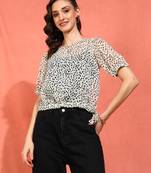 women's  chiffon patch  animal print  round neck puff sleece  top (offwhite)