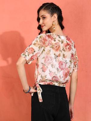  women's chiffon floral print round neck puff sleece top (multi) 3