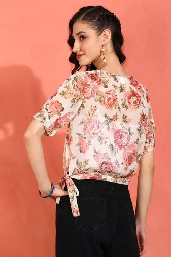  women's chiffon floral print round neck puff sleece top (multi)