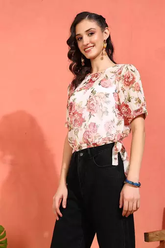  women's chiffon floral print round neck puff sleece top (multi)