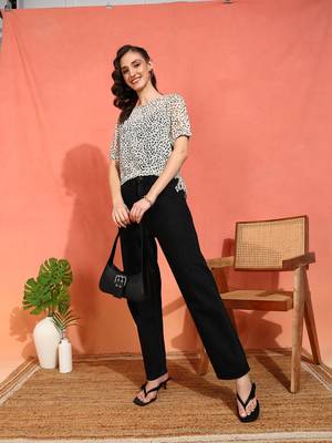 women's chiffon patch animal print round neck puff sleece top (offwhite) 2