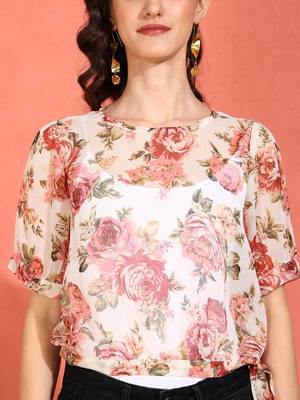  women's chiffon floral print round neck puff sleece top (multi) 5
