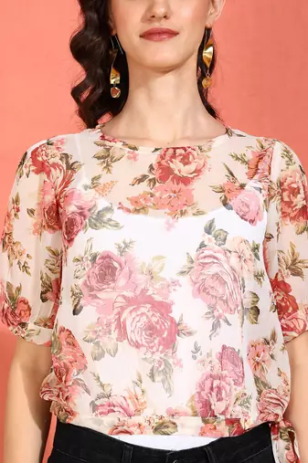  women's chiffon floral print round neck puff sleece top (multi)
