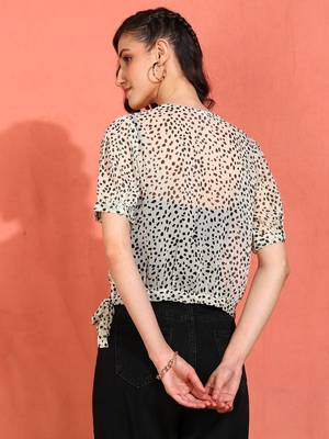 women's chiffon patch animal print round neck puff sleece top (offwhite) 3