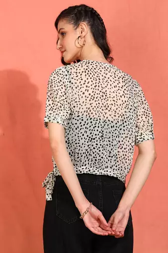 women's chiffon patch animal print round neck puff sleece top (offwhite)