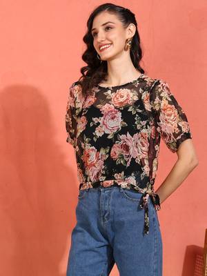 women's chiffon floral print round neck puff sleece top (black) 1