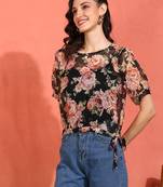 women's  chiffon  floral print  round neck puff sleece  top (black)