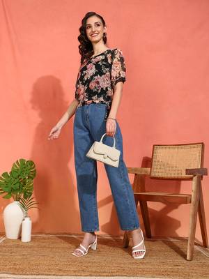 women's chiffon floral print round neck puff sleece top (black) 2
