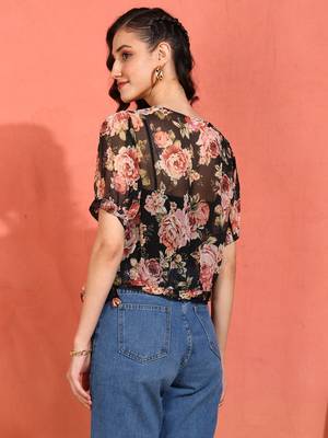 women's chiffon floral print round neck puff sleece top (black) 3