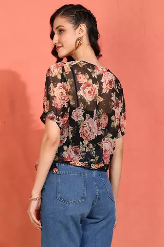 women's chiffon floral print round neck puff sleece top (black)
