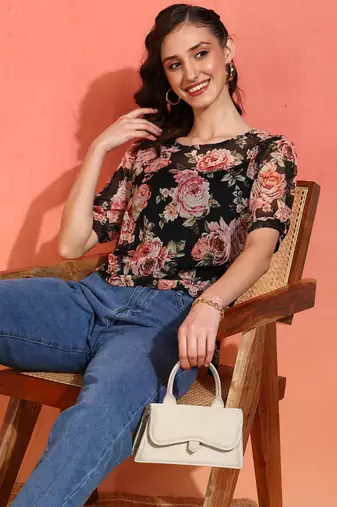 women's chiffon floral print round neck puff sleece top (black)