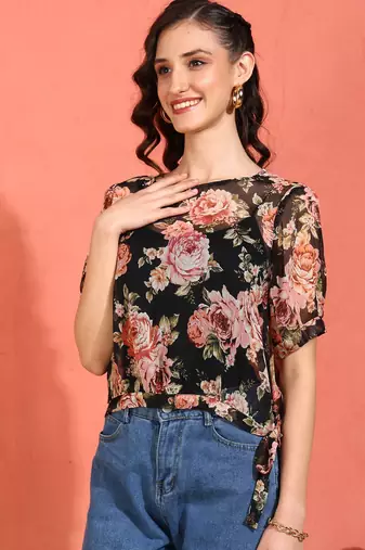 women's chiffon floral print round neck puff sleece top (black)