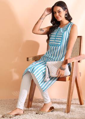 Yash gallery women's cotton  crambric  knee  length  stripe  print  sleeveless  notch  neck regular fitted short kurti 1