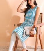 Yash gallery women's cotton  crambric  knee  length  stripe  print  sleeveless  notch  neck regular fitted short kurti