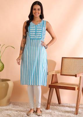 Yash gallery women's cotton  crambric  knee  length  stripe  print  sleeveless  notch  neck regular fitted short kurti 2