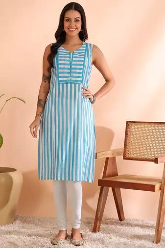 Yash gallery women's cotton  crambric  knee  length  stripe  print  sleeveless  notch  neck regular fitted short kurti