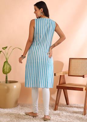 Yash gallery women's cotton  crambric  knee  length  stripe  print  sleeveless  notch  neck regular fitted short kurti 3