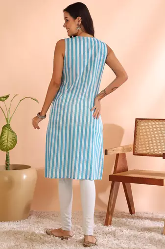 Yash gallery women's cotton  crambric  knee  length  stripe  print  sleeveless  notch  neck regular fitted short kurti