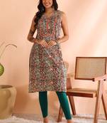 Yash gallery women's cotton  crambric  knee  length    ajrakh print  sleeveless  notch  neck regular fitted short kurti