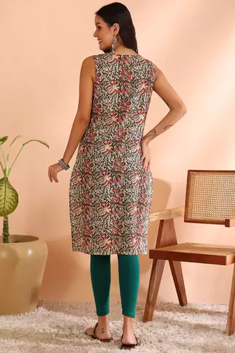  women's cotton crambric knee length  ajrakh print sleeveless notch neck regular fitted short kurti