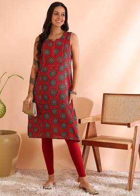  women'scambric cotton knee length traditional printed sleeveless notch neck regular fitted short kurti 1