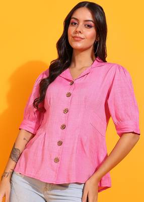 women's cotton titan solid coat collar top (pink) 2