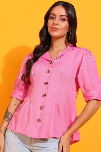 women's cotton titan solid coat collar top (pink)