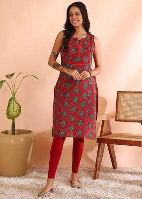  women'scambric cotton knee length traditional printed sleeveless notch neck regular fitted short kurti 2