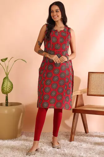  women'scambric cotton knee length traditional printed sleeveless notch neck regular fitted short kurti