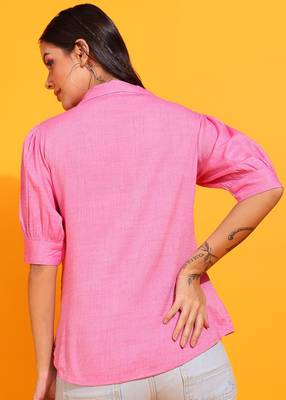 women's cotton titan solid coat collar top (pink) 3