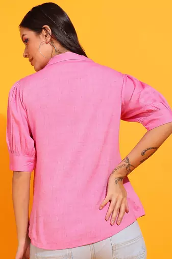 women's cotton titan solid coat collar top (pink)