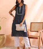 Yash gallery women's cotton  crambric  knee  length  kantha  work   sleeveless  notch neck regular fitted short kurti