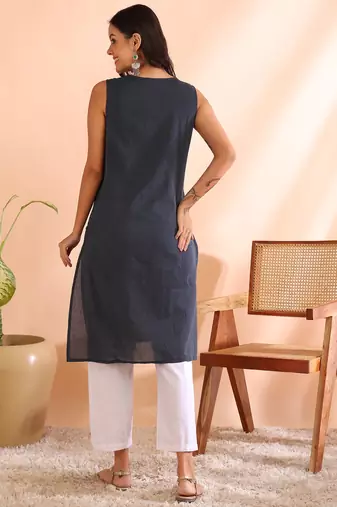  women's cotton crambric knee length kantha work  sleeveless notch neck regular fitted short kurti