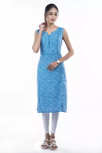  women's rayon knee length lehariyal print sleeveless notch neck regular fitted short kurti