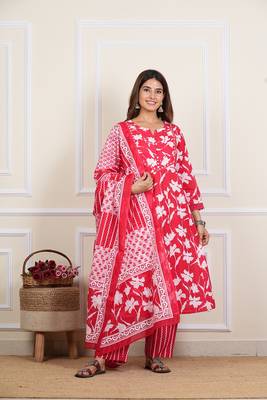  women's cotton floral print mirror work anarkali with pant and dupatta (red) 1