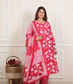 Yash gallery women's cotton floral print mirror work anarkali with pant and dupatta (red)