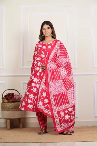  women's cotton floral print mirror work anarkali with pant and dupatta (red)