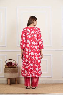 women's cotton floral print mirror work anarkali with pant and dupatta (red) 3