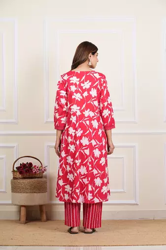  women's cotton floral print mirror work anarkali with pant and dupatta (red)