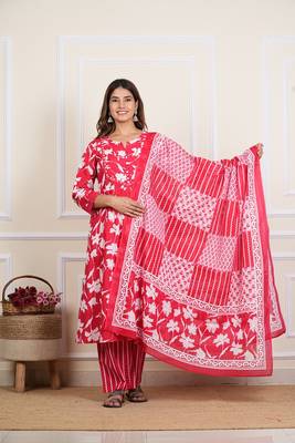  women's cotton floral print mirror work anarkali with pant and dupatta (red) 4