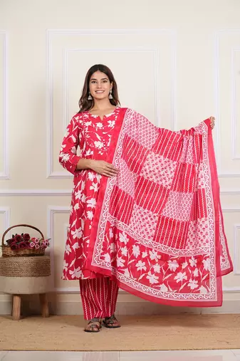  women's cotton floral print mirror work anarkali with pant and dupatta (red)