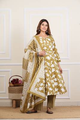  women's cotton floral print mirror work anarkali with pant and dupatta (green) 1